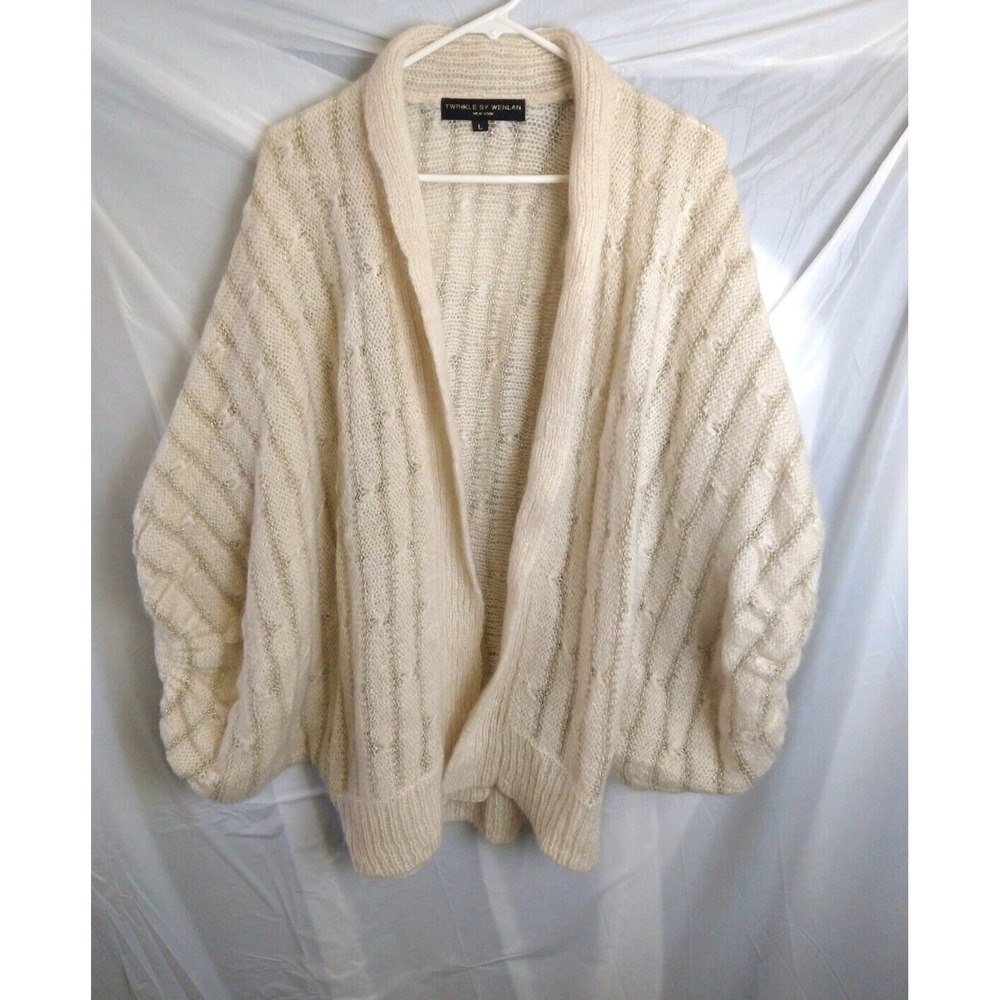 Twinkle by Wenlan NY Mohair Blend Sweater Women L Open Front Cardigan Metallic